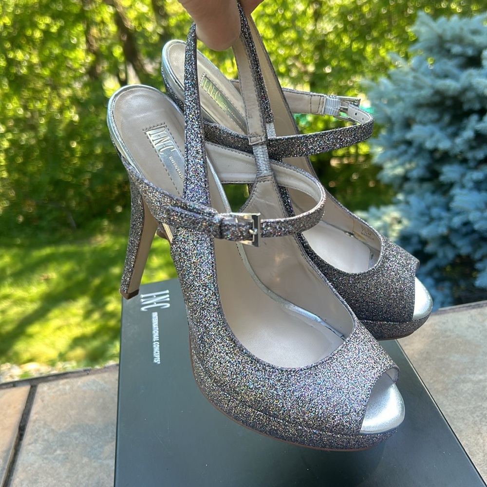 INC Mariela Multi-Colored Sparkle Heels Glitter Sz 7.5 Platform Peep Toe - Picture 4 of 17